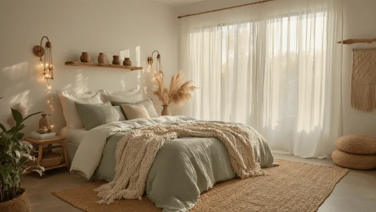 A dreamy bedroom interior during golden hour, featuring a cloud-like bed with cream and sage green bedding, vintage brass sconces, sheer white curtains, rustic wooden shelves with ceramics and pampas grass, a handwoven jute rug, and a gallery wall of vintage mirrors and photographs, all enhanced by warm, layered lighting.