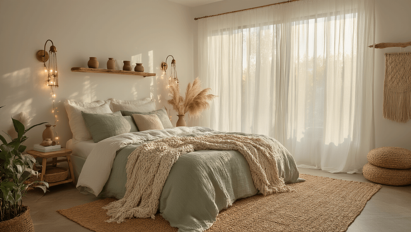 A dreamy bedroom interior during golden hour, featuring a cloud-like bed with cream and sage green bedding, vintage brass sconces, sheer white curtains, rustic wooden shelves with ceramics and pampas grass, a handwoven jute rug, and a gallery wall of vintage mirrors and photographs, all enhanced by warm, layered lighting.
