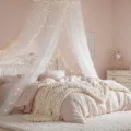 A serene, dreamy bedroom featuring a white iron queen bed with blush pink linens, a canopy adorned with fairy lights, and soft pink walls, all illuminated by golden hour sunlight.