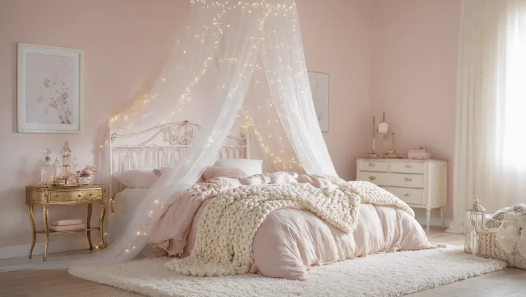 A serene, dreamy bedroom featuring a white iron queen bed with blush pink linens, a canopy adorned with fairy lights, and soft pink walls, all illuminated by golden hour sunlight.