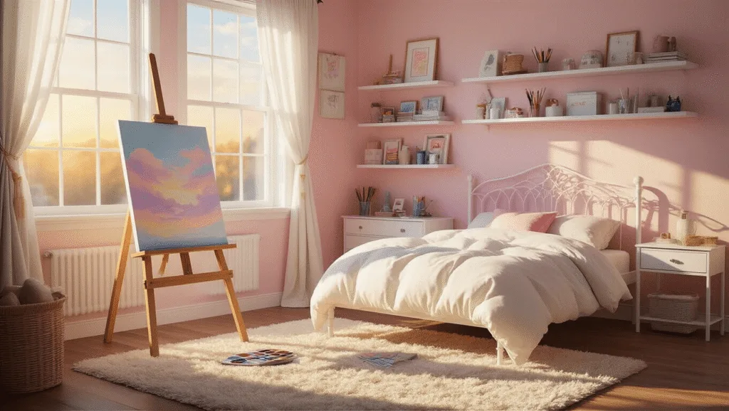 A sunlit teenage girl's bedroom featuring a white easel with a pastel painting, a white iron bed with a fluffy duvet, floating shelves of art supplies, and a plush rug, all bathed in warm golden hour light.