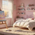 A sunlit teenage girl's bedroom featuring a white easel with a pastel painting, a white iron bed with a fluffy duvet, floating shelves of art supplies, and a plush rug, all bathed in warm golden hour light.