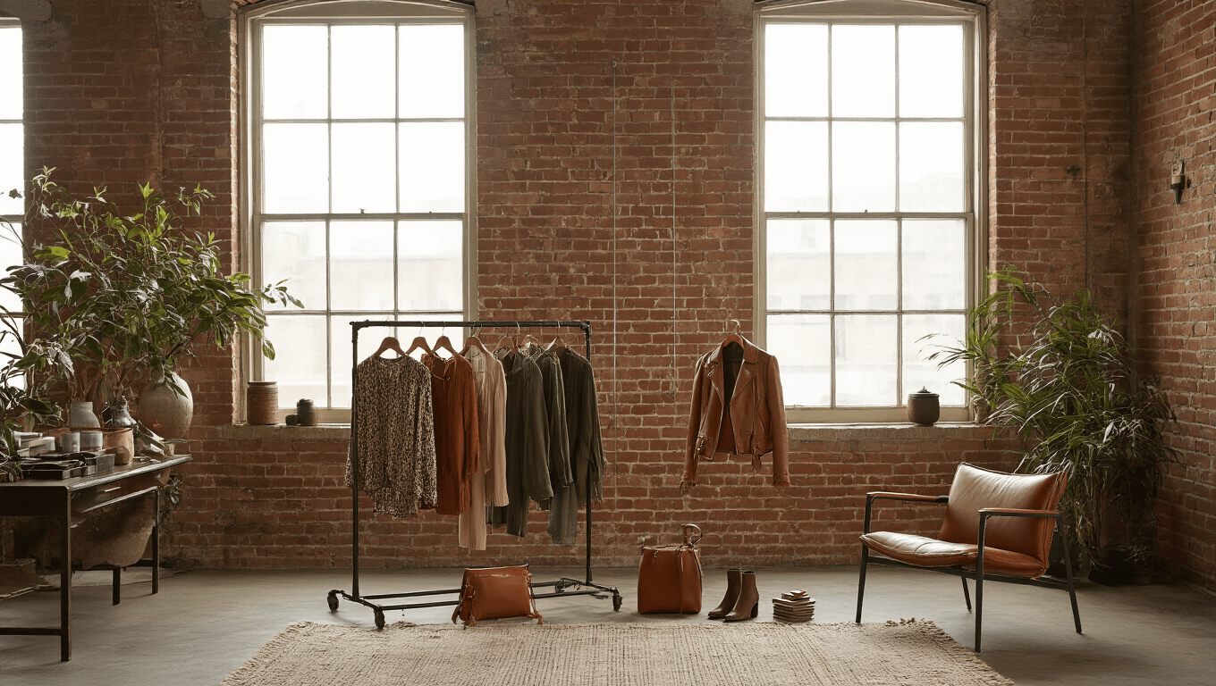 A curated clothing rack showcasing rust, olive, and caramel fall fashion pieces, leather accessories, and gold jewelry in an industrial loft with exposed brick walls, illuminated by soft natural light.