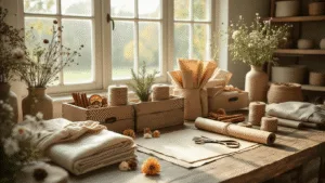 Unwrap the Magic of Eco-Friendly Gift Wrapping: Your Guide to Sustainable Surprises A sunlit craft room featuring a rustic table adorned with eco-friendly gift wrapping materials, including natural linen swatches, vintage silk scarves, kraft paper rolls, and decorative pressed flowers, surrounded by weathered wooden storage boxes filled with organic twine, dried fruits, and herbs, all under exposed wooden beams and soft lighting.