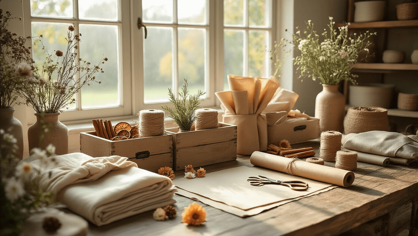 A sunlit craft room featuring a rustic table adorned with eco-friendly gift wrapping materials, including natural linen swatches, vintage silk scarves, kraft paper rolls, and decorative pressed flowers, surrounded by weathered wooden storage boxes filled with organic twine, dried fruits, and herbs, all under exposed wooden beams and soft lighting.