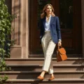 A stylish woman in her 30s descends sunlit brownstone steps in Manhattan, wearing a tailored navy blazer, white button-down, high-waisted cream trousers, and tan loafers, with a cognac satchel and pearl earrings, amidst climbing ivy and architectural details.