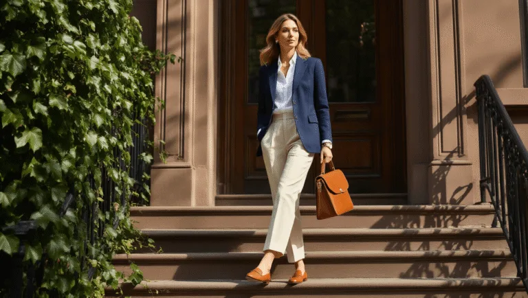 A stylish woman in her 30s descends sunlit brownstone steps in Manhattan, wearing a tailored navy blazer, white button-down, high-waisted cream trousers, and tan loafers, with a cognac satchel and pearl earrings, amidst climbing ivy and architectural details.