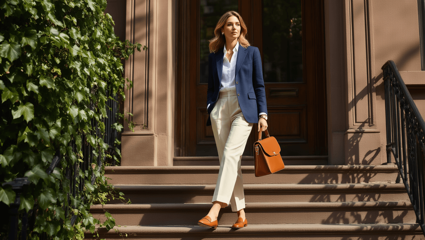 A stylish woman in her 30s descends sunlit brownstone steps in Manhattan, wearing a tailored navy blazer, white button-down, high-waisted cream trousers, and tan loafers, with a cognac satchel and pearl earrings, amidst climbing ivy and architectural details.