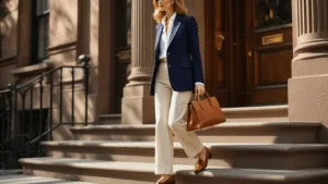 Old Money Style: Timeless, Elegant Fashion Sophisticated woman in tailored navy blazer and cream trousers descending sunlit brownstone steps in Manhattan, wearing cognac loafers and holding a camel leather bag, with soft morning light and architectural details in the background.