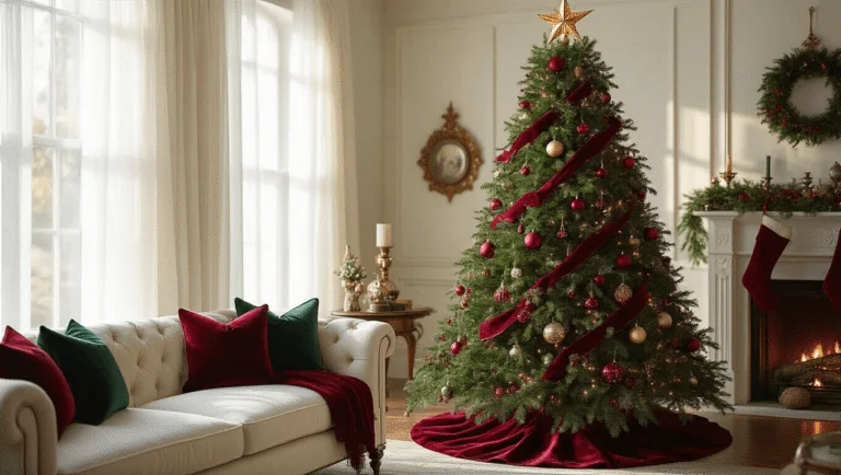 A photorealistic wide-angle shot of a 9-foot Fraser fir Christmas tree adorned with burgundy velvet and forest green plaid ribbons, vintage ornaments, and a gold star, set in an elegant living room with warm golden hour lighting. The scene features Victorian-style baubles, a limestone fireplace, cream linen furniture, and festive decor, all captured in hyperrealistic detail.