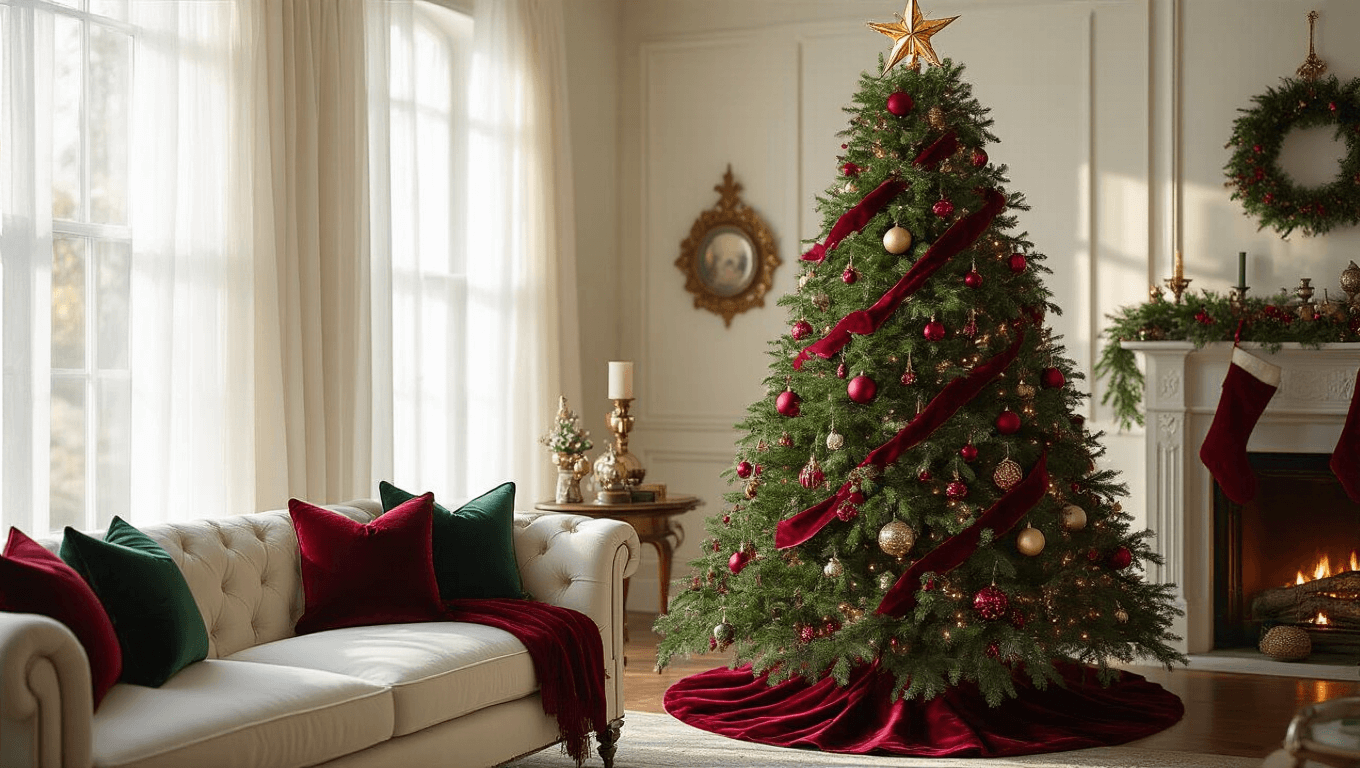 A photorealistic wide-angle shot of a 9-foot Fraser fir Christmas tree adorned with burgundy velvet and forest green plaid ribbons, vintage ornaments, and a gold star, set in an elegant living room with warm golden hour lighting. The scene features Victorian-style baubles, a limestone fireplace, cream linen furniture, and festive decor, all captured in hyperrealistic detail.