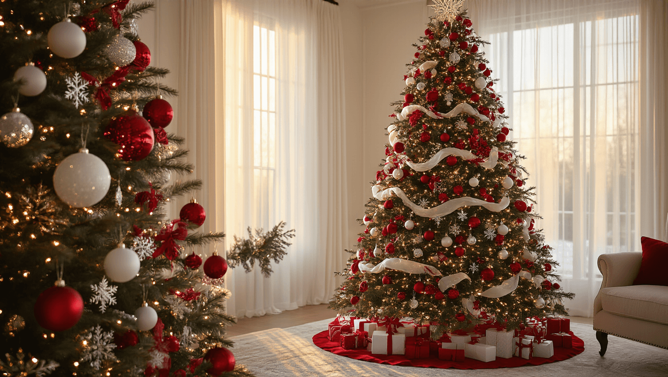 A 9-foot Fraser Fir Christmas tree in a grand living room, adorned with red and white decorations, vintage glass balls, crystal snowflakes, and illuminated by warm LED lights, with natural golden light filtering through sheer curtains.