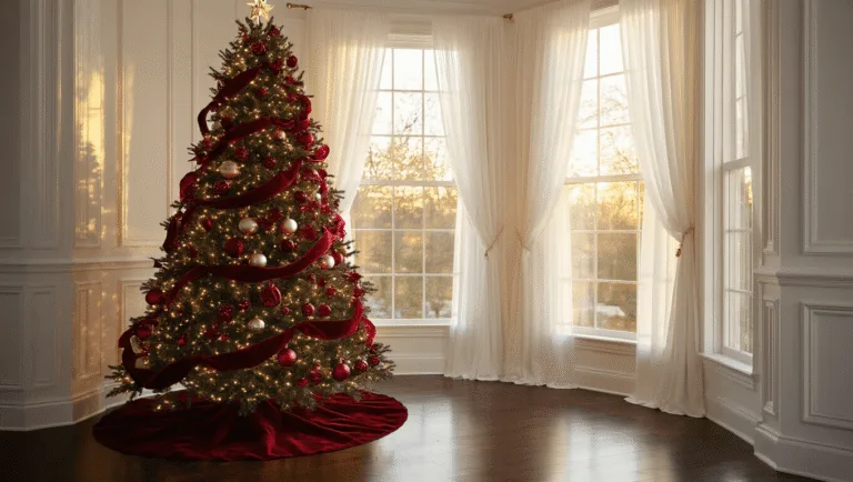 A photorealistic image of a 7.5ft Fraser fir Christmas tree in a luxurious bay window, decorated with red velvet ribbons, vintage mercury glass ornaments, and warm LED lights, illuminated by golden hour sunlight.