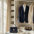 Bright airy walk-in closet showcasing a meticulously organized wardrobe with a navy blazer, white oxford shirts, cream and beige cashmere sweaters, a structured leather handbag, pearl necklace, silk scarves, and classic loafers, all illuminated by natural morning light filtering through floor-to-ceiling windows.