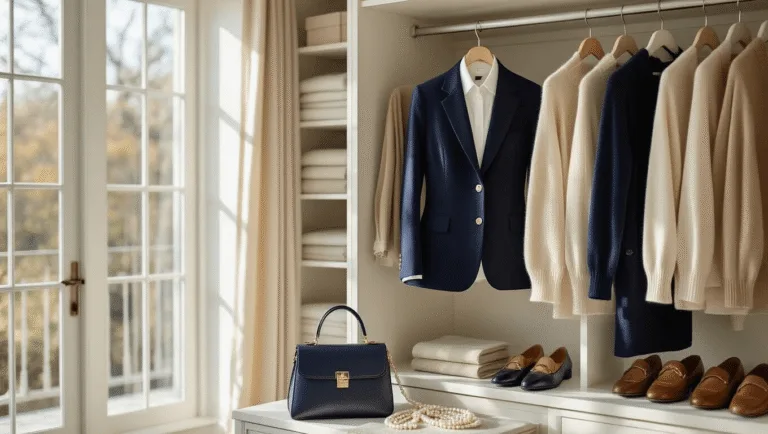 Bright airy walk-in closet showcasing a meticulously organized wardrobe with a navy blazer, white oxford shirts, cream and beige cashmere sweaters, a structured leather handbag, pearl necklace, silk scarves, and classic loafers, all illuminated by natural morning light filtering through floor-to-ceiling windows.