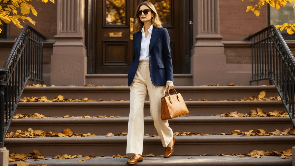 A poised woman in a navy blazer and cream trousers stands on Manhattan brownstone steps, surrounded by autumn leaves, with a structured camel bag and tortoiseshell sunglasses, captured in golden hour light.