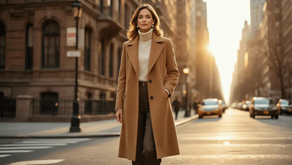 A sophisticated woman in a camel coat and cashmere turtleneck stands at a sunlit Manhattan street corner during golden hour, with historic brownstones in the background, wearing charcoal trousers and cognac loafers, and pearl earrings that catch the light.