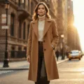 A sophisticated woman in a camel coat and cashmere turtleneck stands at a sunlit Manhattan street corner during golden hour, with historic brownstones in the background, wearing charcoal trousers and cognac loafers, and pearl earrings that catch the light.