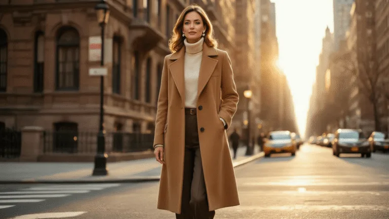 A sophisticated woman in a camel coat and cashmere turtleneck stands at a sunlit Manhattan street corner during golden hour, with historic brownstones in the background, wearing charcoal trousers and cognac loafers, and pearl earrings that catch the light.