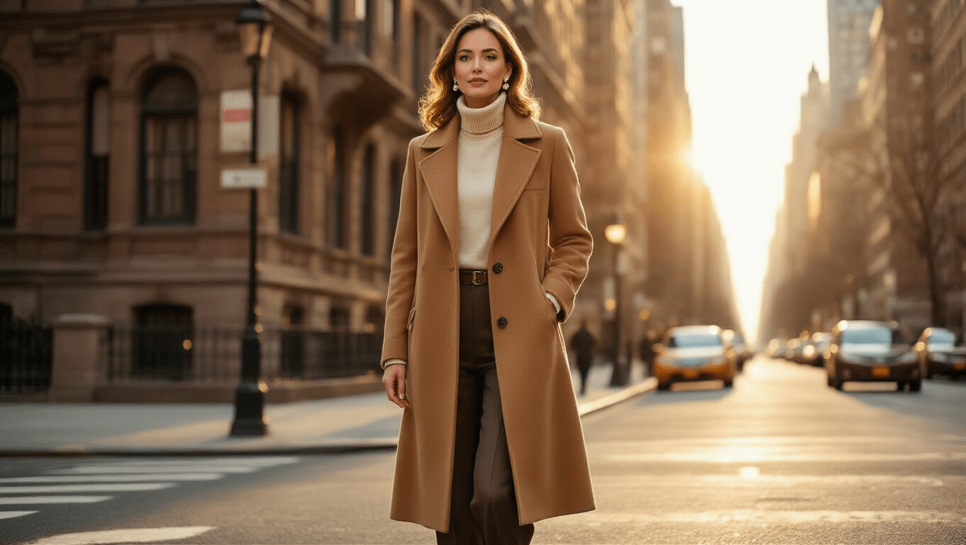 A sophisticated woman in a camel coat and cashmere turtleneck stands at a sunlit Manhattan street corner during golden hour, with historic brownstones in the background, wearing charcoal trousers and cognac loafers, and pearl earrings that catch the light.