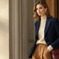 Sophisticated woman in navy blazer and cream cashmere sweater with pearl studs, standing in sunlit Manhattan brownstone entryway, accented by high-waisted camel trousers and cognac loafers, with structured burgundy leather bag nearby.