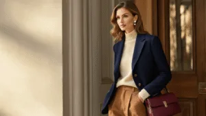 The Old Money Fashion: Timeless Elegance for the Modern Woman Sophisticated woman in navy blazer and cream cashmere sweater with pearl studs, standing in sunlit Manhattan brownstone entryway, accented by high-waisted camel trousers and cognac loafers, with structured burgundy leather bag nearby.