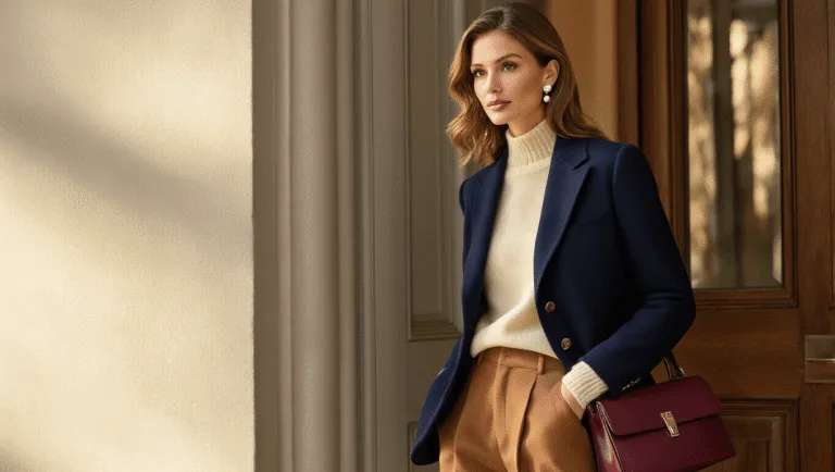Sophisticated woman in navy blazer and cream cashmere sweater with pearl studs, standing in sunlit Manhattan brownstone entryway, accented by high-waisted camel trousers and cognac loafers, with structured burgundy leather bag nearby.