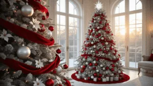 Red and Silver Christmas Tree Decorations: The Ultimate Elegance Guide Photorealistic image of a 9-foot noble fir Christmas tree in a luxurious living room, adorned with mercury glass baubles, red ornaments, and silver decorations, featuring velvet ribbons and frosted eucalyptus, with plush cream-colored furniture, golden hour lighting, and a crystal tree topper.