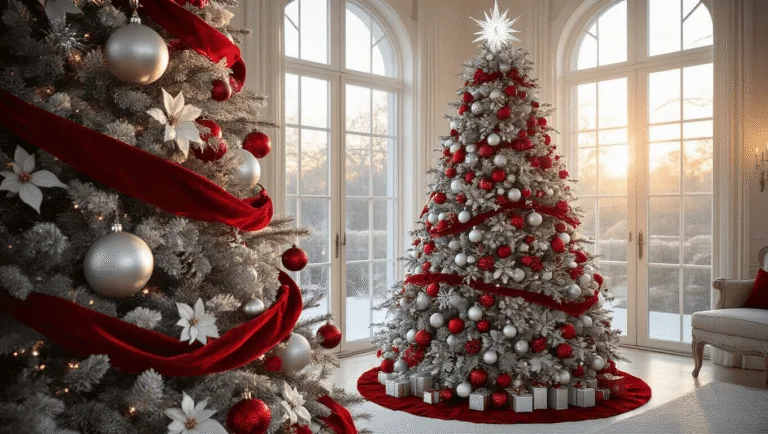 Photorealistic image of a 9-foot noble fir Christmas tree in a luxurious living room, adorned with mercury glass baubles, red ornaments, and silver decorations, featuring velvet ribbons and frosted eucalyptus, with plush cream-colored furniture, golden hour lighting, and a crystal tree topper.