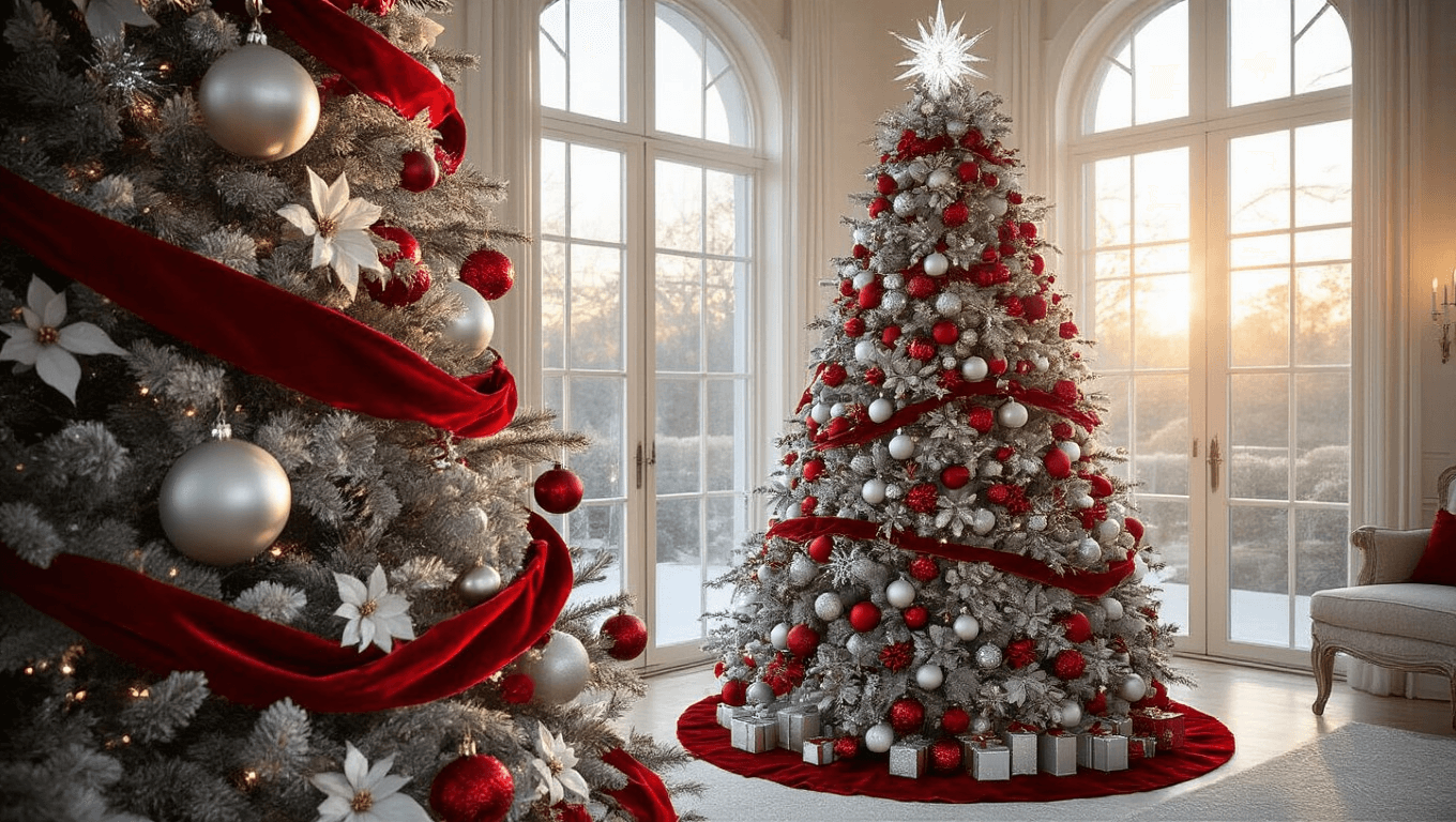 Photorealistic image of a 9-foot noble fir Christmas tree in a luxurious living room, adorned with mercury glass baubles, red ornaments, and silver decorations, featuring velvet ribbons and frosted eucalyptus, with plush cream-colored furniture, golden hour lighting, and a crystal tree topper.