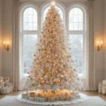 A majestic 12-foot flocked white Christmas tree adorned with pearl, diamond, and mercury glass ornaments, set in a luxurious two-story living room with warm golden hour lighting, surrounded by wrapped presents and modern minimalist furniture.