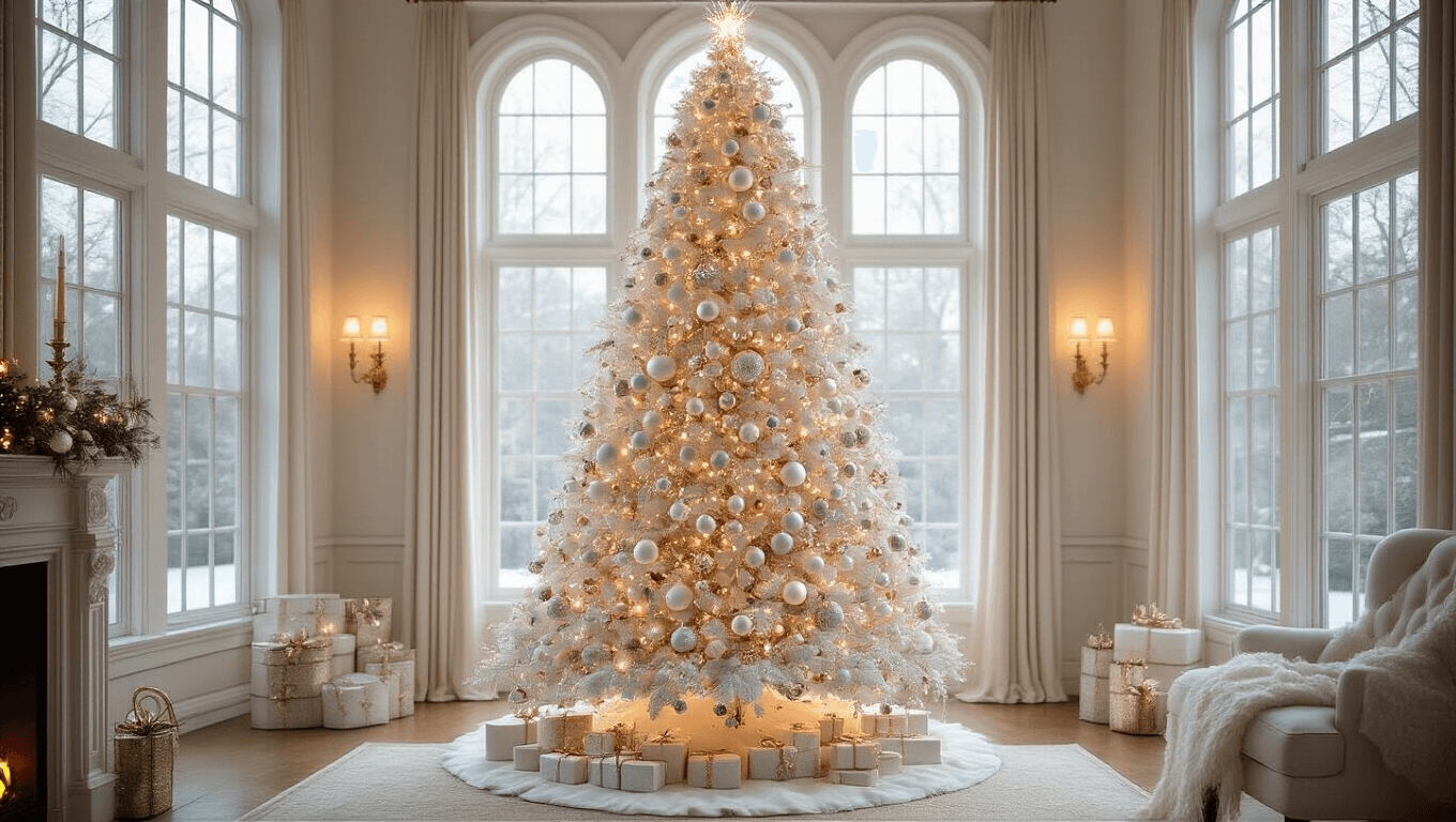 A majestic 12-foot flocked white Christmas tree adorned with pearl, diamond, and mercury glass ornaments, set in a luxurious two-story living room with warm golden hour lighting, surrounded by wrapped presents and modern minimalist furniture.