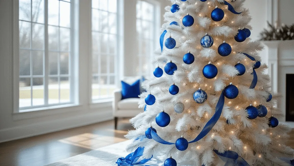 Elegant White Christmas Tree with Blue Decorations: A Sophisticated Holiday Masterpiece A luxurious living room adorned with a 9-foot white Christmas tree decorated with blue ornaments, soft morning light illuminating the space through large windows, showcasing herringbone hardwood floors and high-end interior styling.