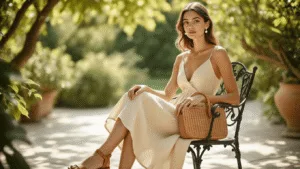 How to Nail the Old Money Party Look (Without Breaking the Bank!) A young woman in a cream linen midi dress sits on a wrought-iron chair in a sunlit garden terrace, wearing tan leather sandals and pearl earrings, and holding a vintage woven rattan bag amidst lush greenery.