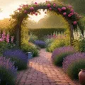 A dreamy English cottage garden at sunset, featuring layered plantings of purple foxgloves, white hollyhocks, peonies, and lavender along a winding brick path, with a weathered wooden arch adorned with pink roses, vintage zinc watering cans, and terracotta pots, all bathed in warm golden light.