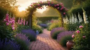 Create Your Dream Country Cottage Garden: A Beginner's Guide to Rustic Charm and Natural Beauty A dreamy English cottage garden at sunset, featuring layered plantings of purple foxgloves, white hollyhocks, peonies, and lavender along a winding brick path, with a weathered wooden arch adorned with pink roses, vintage zinc watering cans, and terracotta pots, all bathed in warm golden light.