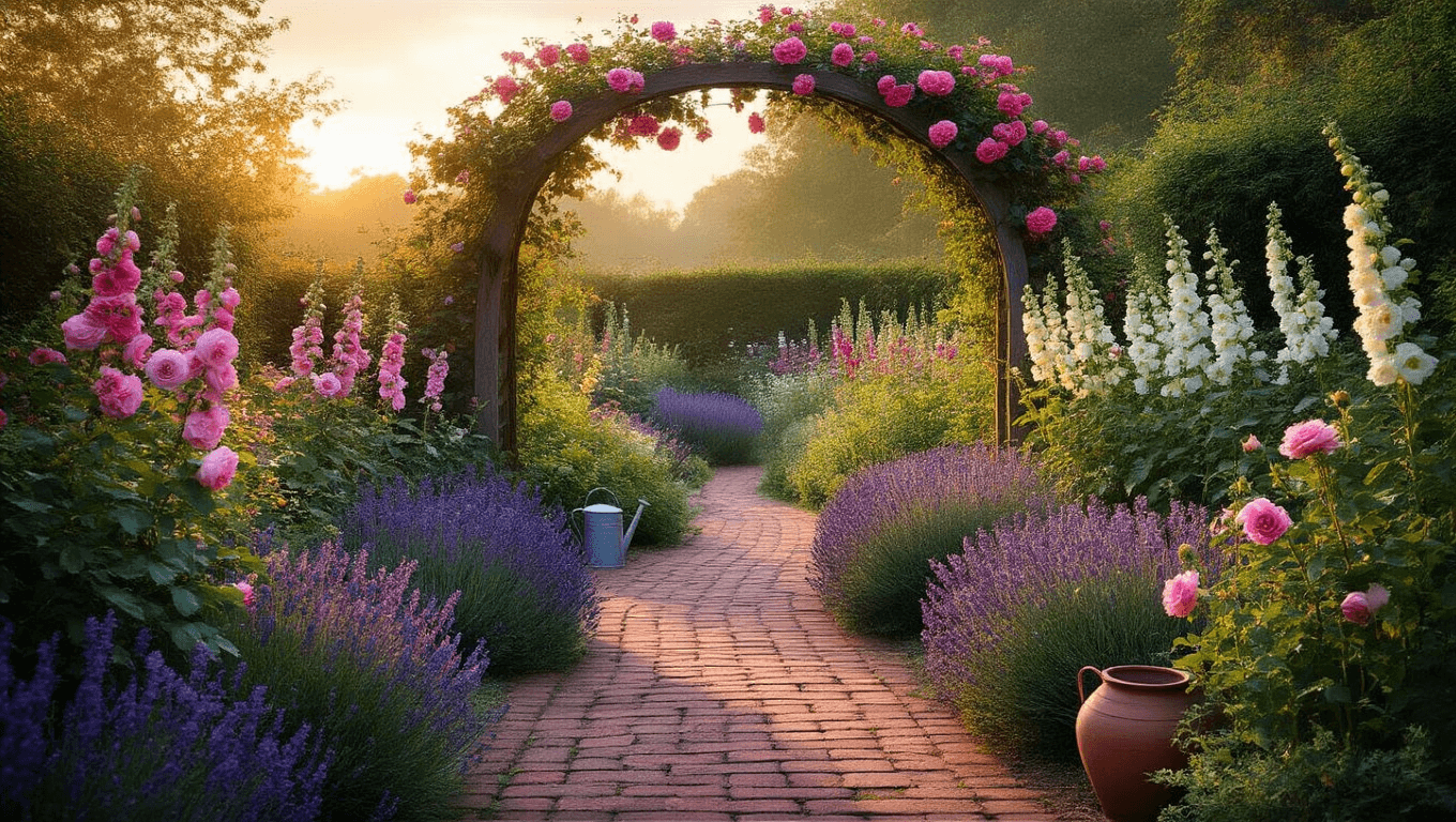 A dreamy English cottage garden at sunset, featuring layered plantings of purple foxgloves, white hollyhocks, peonies, and lavender along a winding brick path, with a weathered wooden arch adorned with pink roses, vintage zinc watering cans, and terracotta pots, all bathed in warm golden light.