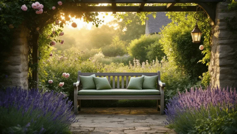 A weathered teak garden bench in a lush English cottage garden, framed by climbing roses and wisteria, with dappled sunlight filtering through a pergola, surrounded by foxgloves and lavender, featuring sage green cushions and vintage copper lanterns, captured during golden hour in photorealistic detail.