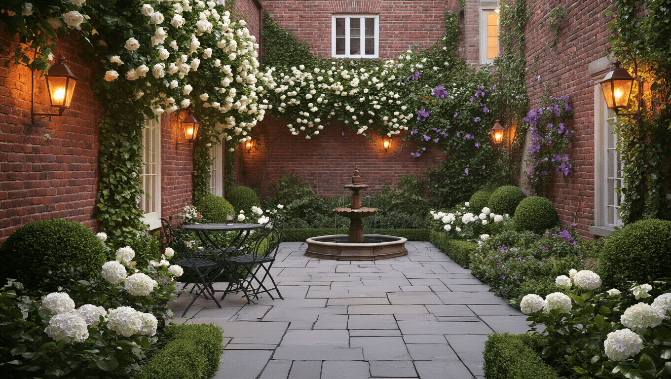A photorealistic wide-angle view of an intimate English courtyard garden at golden hour, showcasing weathered brick walls adorned with white roses and ivy, a geometric stone-paved ground, a green bistro set, and vibrant hydrangeas and clematis in bloom, highlighted by warm copper lanterns and a central antique fountain, all captured from an elevated perspective in 8K resolution.