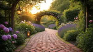 Transforming Your Garden with Bricks: A Comprehensive Design Guide Cinematic wide-angle photograph of a winding herringbone brick pathway in a lush English garden at golden hour, bordered by blooming hydrangeas and lavender, with copper lanterns casting warm light, and a wooden pergola draped in roses.