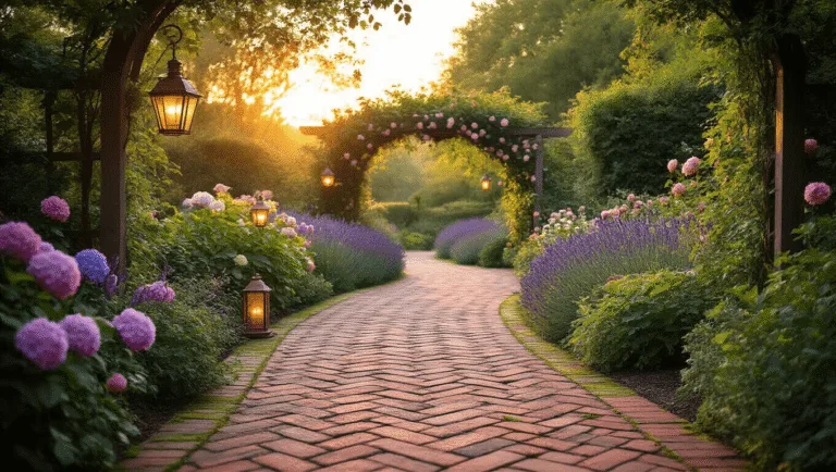 Cinematic wide-angle photograph of a winding herringbone brick pathway in a lush English garden at golden hour, bordered by blooming hydrangeas and lavender, with copper lanterns casting warm light, and a wooden pergola draped in roses.
