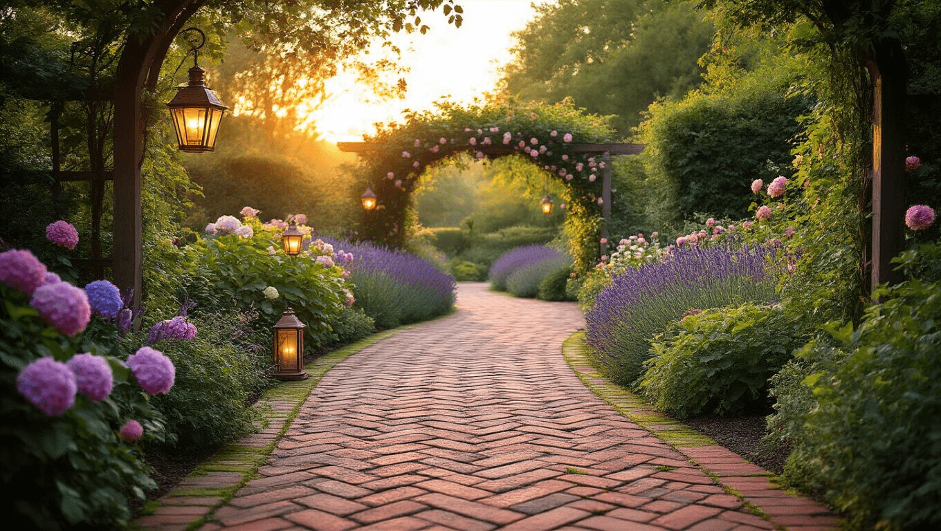 Cinematic wide-angle photograph of a winding herringbone brick pathway in a lush English garden at golden hour, bordered by blooming hydrangeas and lavender, with copper lanterns casting warm light, and a wooden pergola draped in roses.