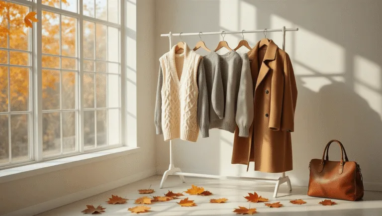 A bright studio apartment with large windows showcasing fall fashion pieces on a white clothing rack, including a cream cable-knit vest, grey sweater, and camel coat, surrounded by autumn leaves and a vintage leather bag.