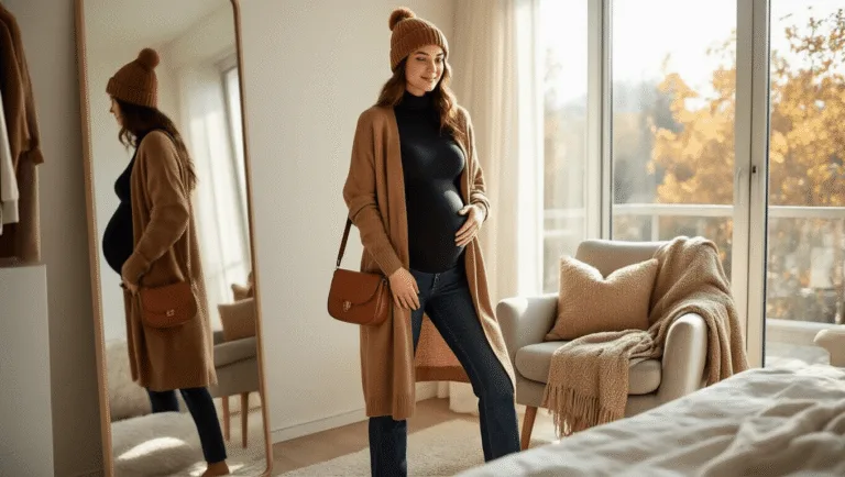 Pregnant woman in a black turtleneck and camel cardigan stands in a sunlit modern bedroom, reflecting in a full-length mirror, surrounded by a cozy capsule wardrobe in neutral tones.