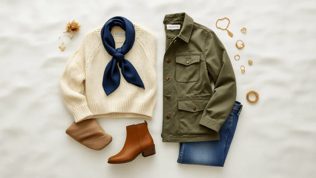 Early Fall Fashion: Creating Effortlessly Stylish Transitional Outfits A flat lay of fall wardrobe essentials, including a cream knit sweater, olive utility jacket, vintage-wash denim, cognac leather ankle boots, and a navy silk scarf, arranged on a white textured background with natural morning light and delicate gold jewelry accents.