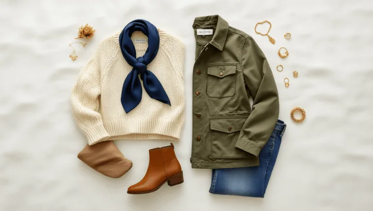 A flat lay of fall wardrobe essentials, including a cream knit sweater, olive utility jacket, vintage-wash denim, cognac leather ankle boots, and a navy silk scarf, arranged on a white textured background with natural morning light and delicate gold jewelry accents.
