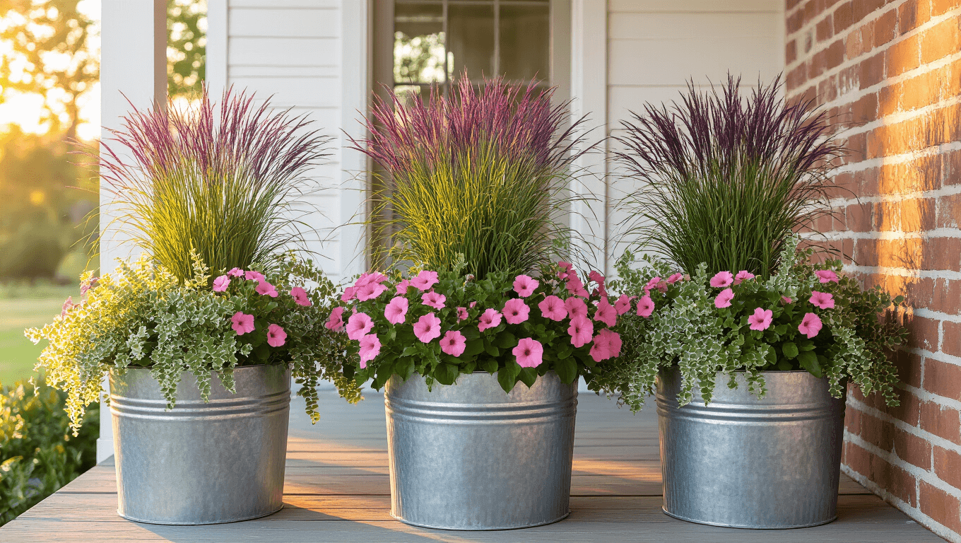 A golden hour photograph of a rustic farmhouse porch with galvanized metal planters showcasing tall purple fountain grass, soft pink petunias, and cascading silvery dichondra, set against whitewashed wood and vintage brick, with dramatic shadows and warm atmospheric lighting.