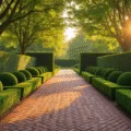 Hyperrealistic photograph of a manicured boxwood hedge with topiary forms alongside a herringbone brick pathway, captured during golden hour with dappled sunlight and rich detail.
