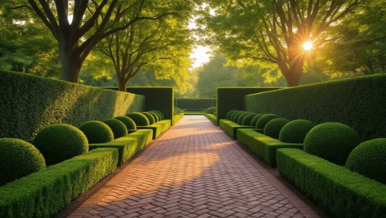 Hyperrealistic photograph of a manicured boxwood hedge with topiary forms alongside a herringbone brick pathway, captured during golden hour with dappled sunlight and rich detail.