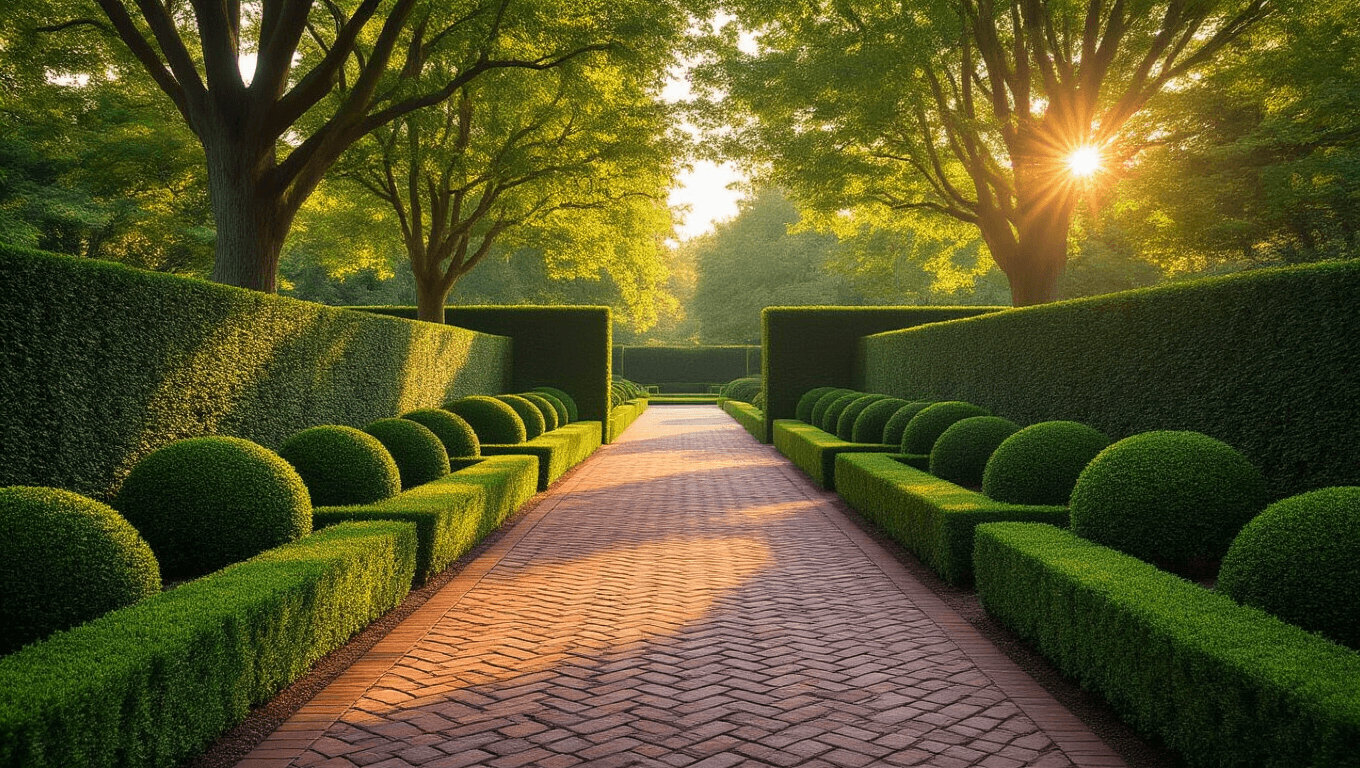 Hyperrealistic photograph of a manicured boxwood hedge with topiary forms alongside a herringbone brick pathway, captured during golden hour with dappled sunlight and rich detail.
